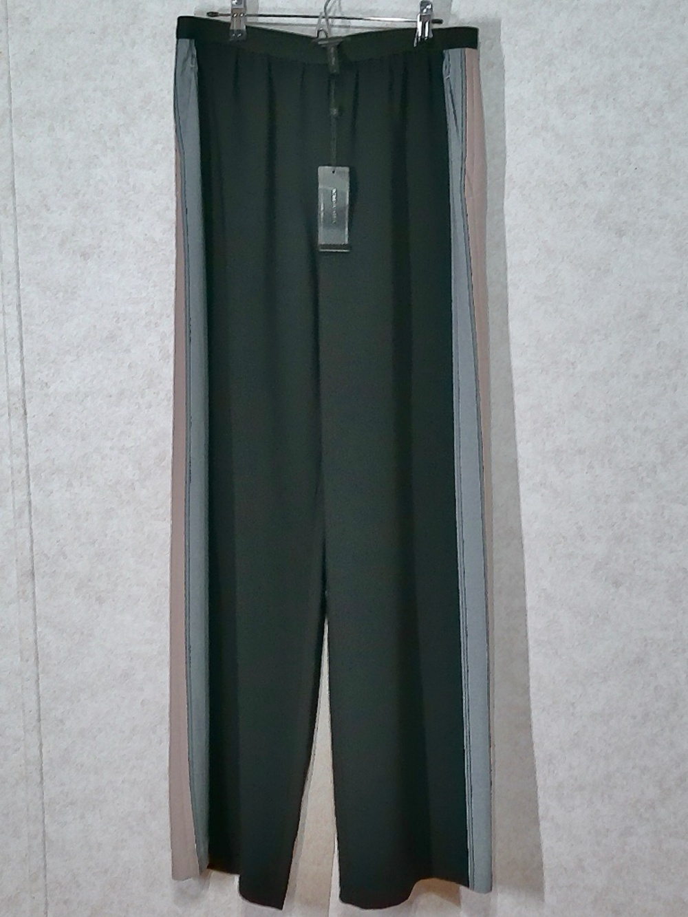 NWT BCBGMaxazria Palazzo Pants, Black,Side Stripes Gray&Kaki Elastic Waist Sz S